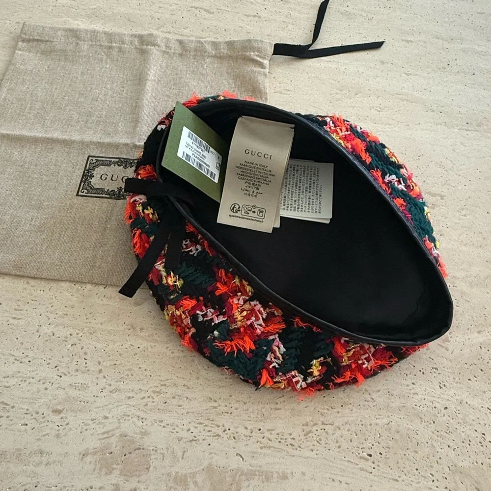 NWT GUCCI LAME BERET CAP Check Lame Sz S Multicolour Orange Tweed